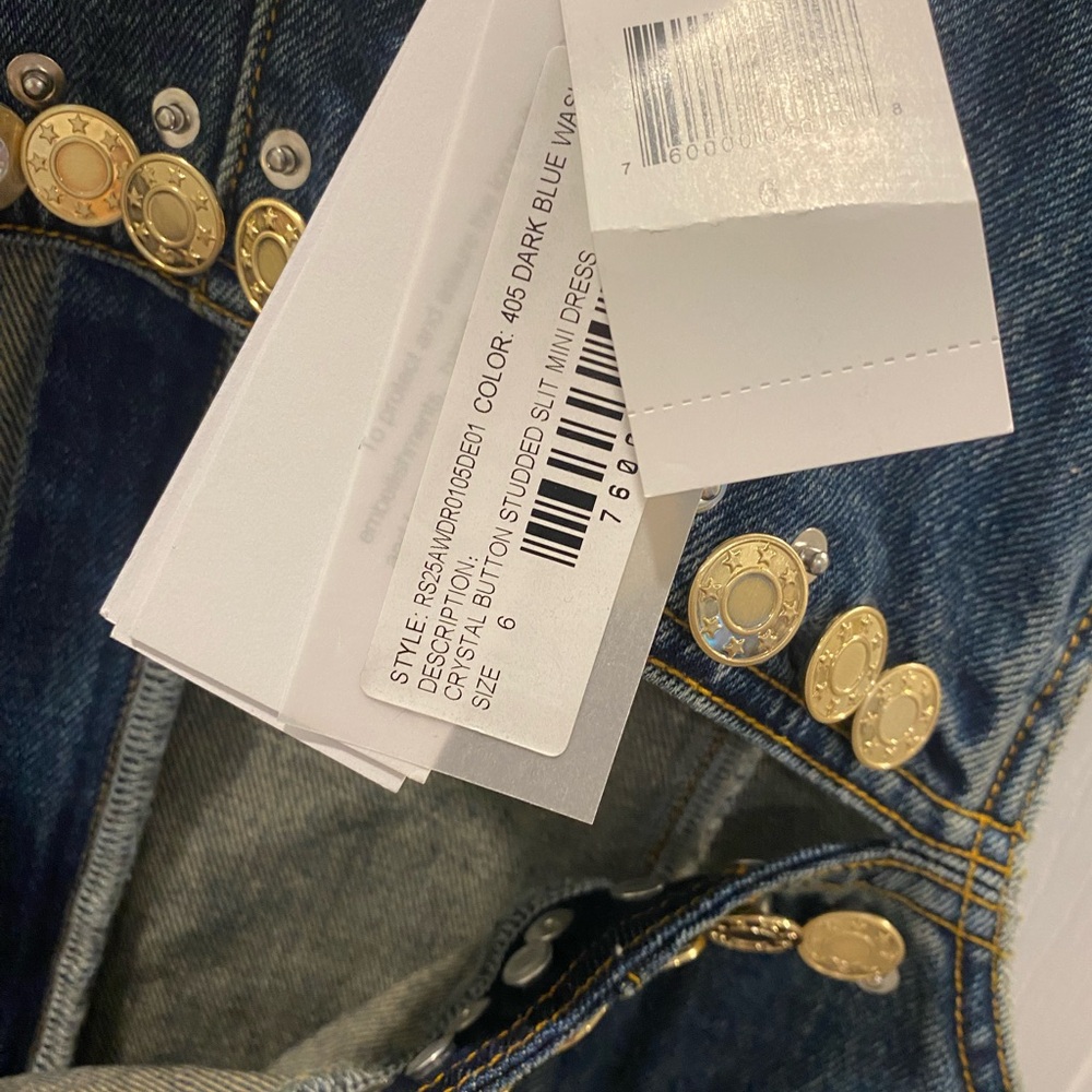 NWT AREA Dark Blue Denim Mini Dress with Gold Jewel Trim, US 6 - Picture 6 of 8